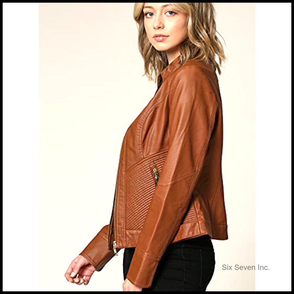 Slim Fit Vegan Leather Moto Jacket Women's Faux Leather Biker Coat - Picture 2 of 7